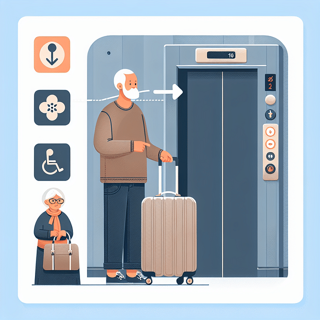 senior with luggage using elevator