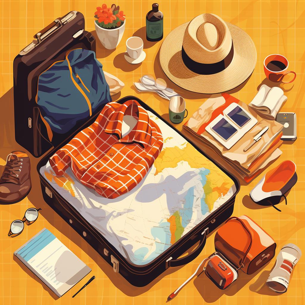 A variety of travel items spread out on a bed