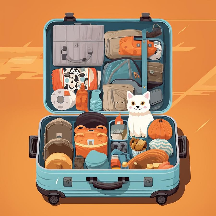Pet-friendly luggage with compartments filled with pet travel items.