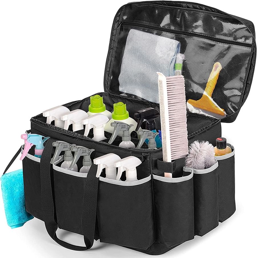 Collection of luggage cleaning products and tools