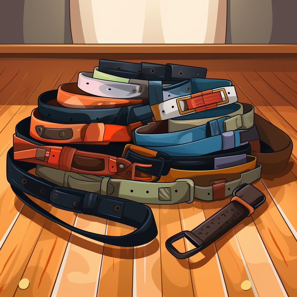 A variety of luggage straps displayed on a table