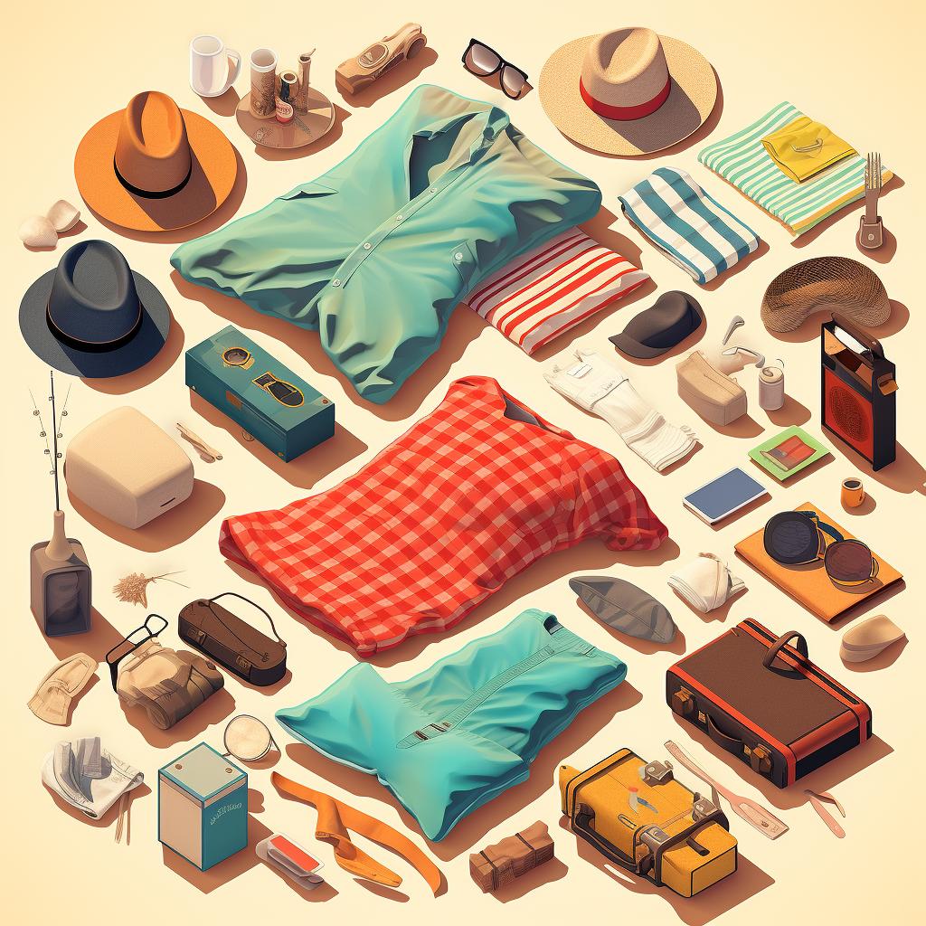 A variety of clothes and travel items sorted into categories on a bed