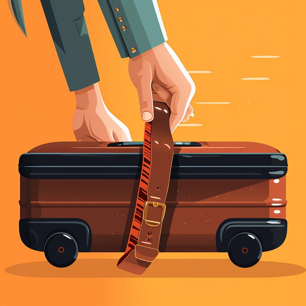 A hand fastening a luggage strap on a suitcase